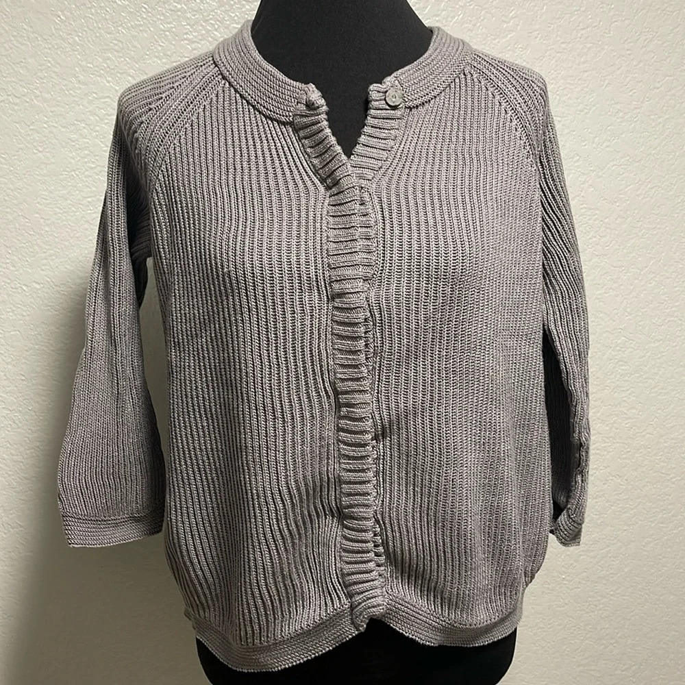 Talbots Women’s Heavy Duty Ribbed Grey Crewneck Snap Cardigan SMALL